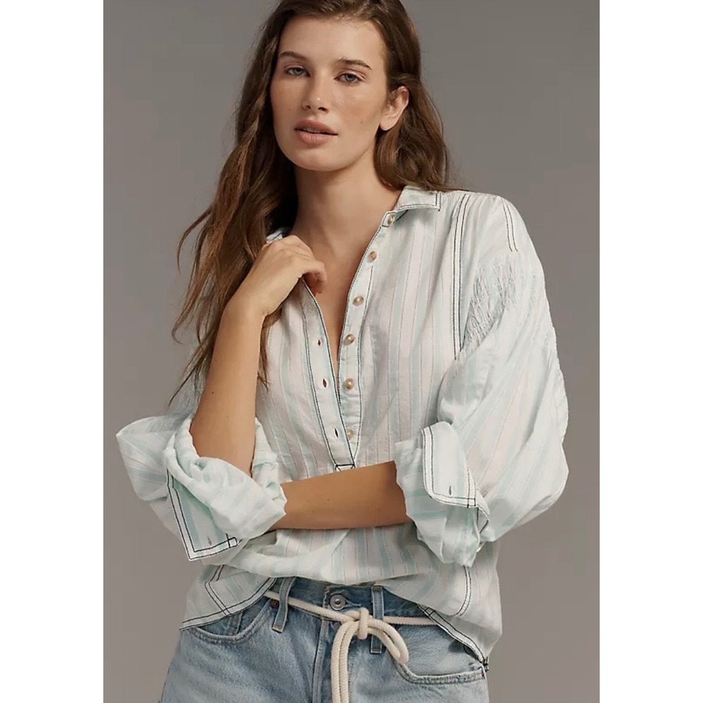 Pilcro Anthropologie Relaxed Henley Mint Green Striped Cotton Blouse XS